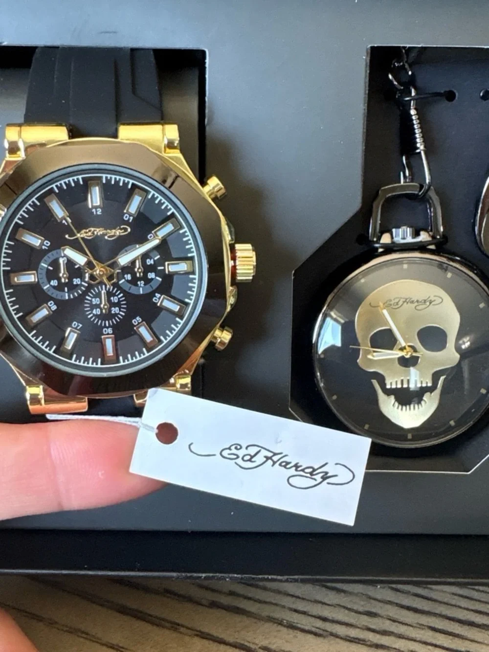 Ed Hardy Gold Tone Watch & Skull Pocket Watch Set - Black and Gold